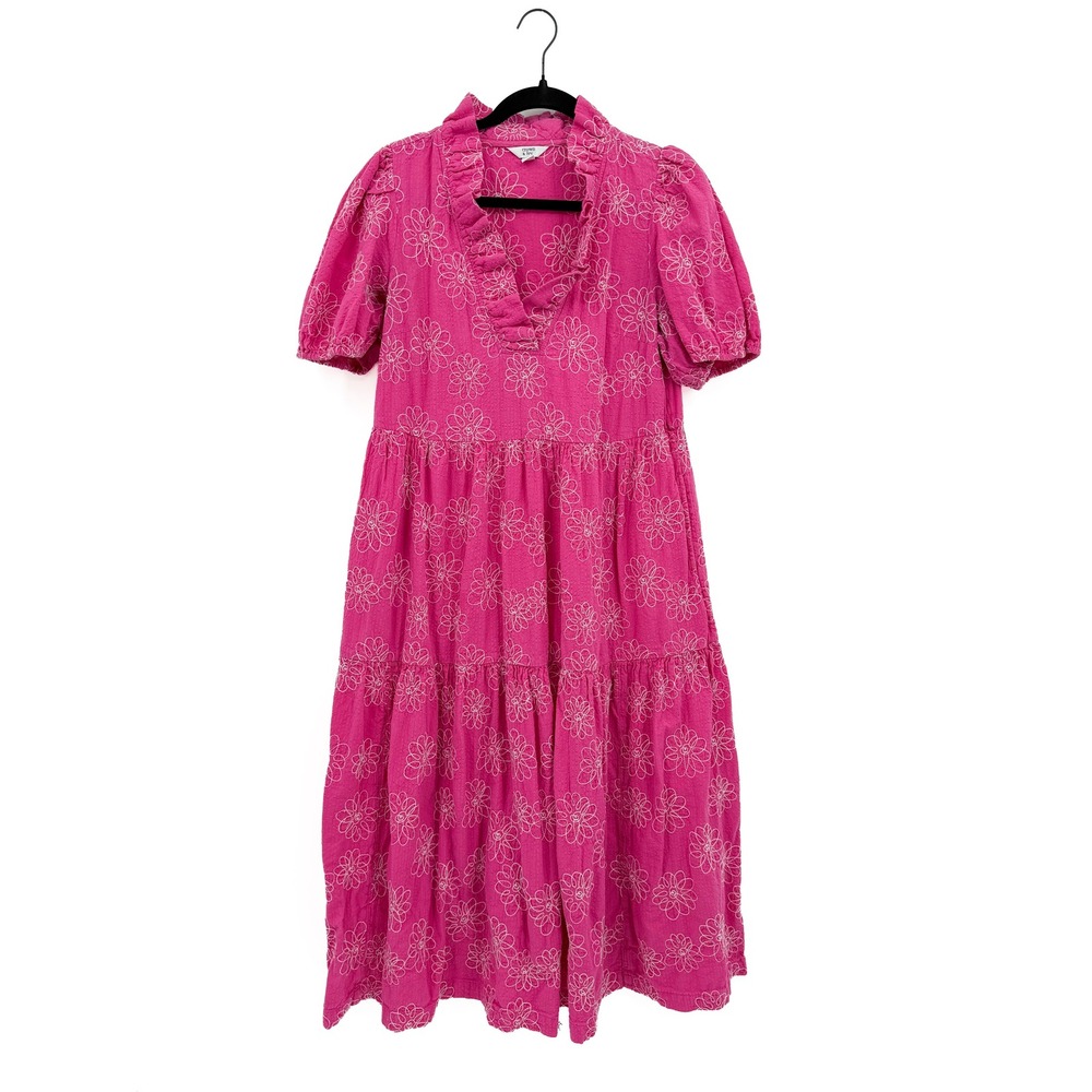 Crown & Ivy Dress Women Medium Pink Floral Embroidered Ruffle Neck Tiered Midi